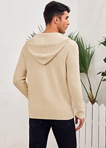 Saodimallsu Mens Waffle Knitted Hoodies Pullover Long Sleeve Buttons Solid Chunky Hooded Sweaters Apricot #TOP4