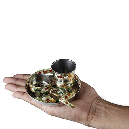 Image of GUG Laddu Gopal ji ke Bartan /Pooja bhog thali Small 4 pcs set Multicolor Bhog Thali with Glass Bowl and Spoon Stainless Steel