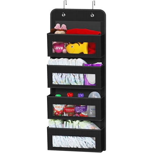 Image of Simple Houseware 4 Clear Window Pocket Over Closet Door Storage Hanging Organizer for Bedroom, Bathroom, Pantry, Black