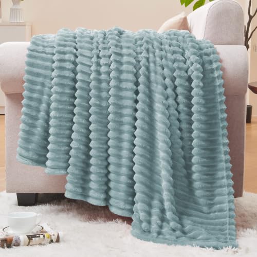 Image of BEDELITE 3D Ribbed Grey Blue Fleece Throw Blanket for Couch, 50x60 Inch