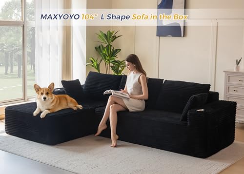 Image of MAXYOYO 104 inch Modular Sectional Couch with L-Shape Chaise, Modern Boneless Couch for Living Room, Sofa in A Box, Oversized Sofa with Deep Seat, No Assembly Required, Black