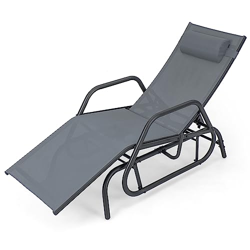 GOPLUS - Tumbona basculante para jardín al aire libre con reposabrazos y almohada extraíble, asiento de terraza capacidad 160 KG, sillón reclinable para piscina, jardín, terraza (gris), OQ22142FR