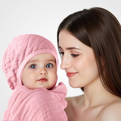 Image of Preboun 4 Pcs Muslin Hooded Baby Towels,32 inchx 32 inch Cotton Newborn Bath Towel Muslin Infant Baby Blankets Absorbent Unisex Newborn Registry Gift for Girls Boys(Pink Series)