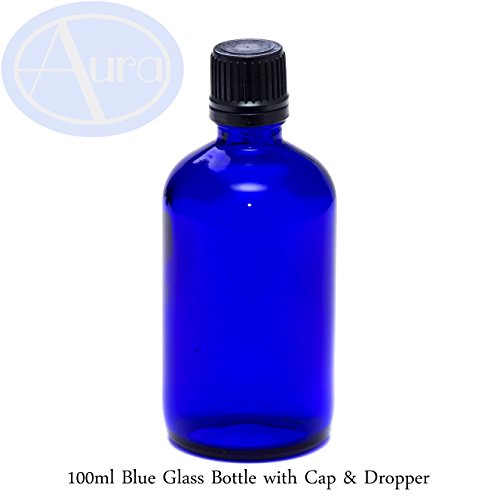 Botella para aceites esenciales/aromaterapia - Cristal azul - Tapón negro y cuentagotas - 100 ml
