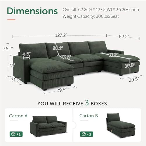 Image of HONBAY 127.2 Inch Corduroy Cloud Modular Sectional Sofa with Chaise, Deep Seat U-Shaped Couch with Storage for Living Room, Apartment, Small Space,Green