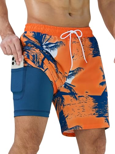 SILKWORLD Mens Swimsuit Trunks 7' Quick-Dry Swim Shorts with Compression Liner and Zipper Pockets,...