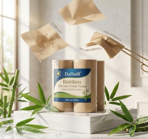 Image of Daffodil Bamboo -2 Ply Kitchen Towel Tissue Roll | 240 Pulls (60 pulls x 4 Rolls) | 100% Eco-Friendly - Pure Bamboo Pulp |Soft & Super Absorbent | Food Safe