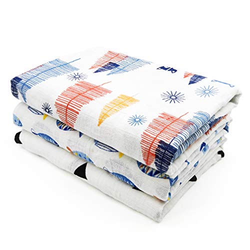 ALBOYI 3 Pack Baby Muslin Washcloths, Cotton Soft & Absorbent Muslin Newborn Towel 120cm × 110 cm, Large Gauze Squares Babies Swaddle Blanket Shower Wipes (Fish/Fox/Geometric Print)