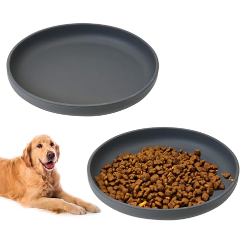 BNOSDM Silicone Dog Bowl Non-Slip Cat Food Plate 2 Pcs Flat Dog Bowls with Suction Cup Shallow Puppy Food and Water Dish for Small and Medium Pets (Steel Gray)