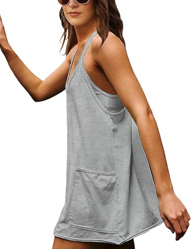 Image of Womens Athletic Sundress with Built-in Shorts Golf Tennis Romper | Sleeveless Mini Spaghetti Strap dress Functional side pockets tummy-friendly fit casual beach vacation