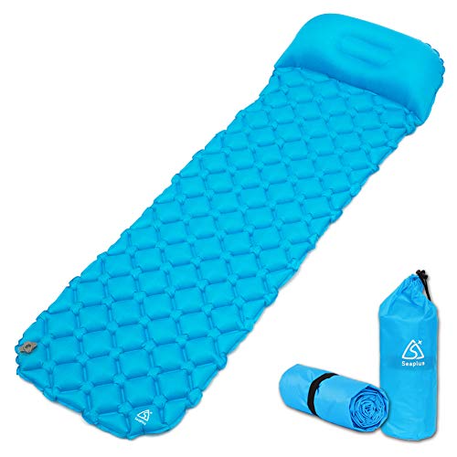 SEAPLUS Esterilla Inflable Colchón de Aire Camping Esterilla Acampada Senderismo con Almohada Colchoneta de Acampada Ultraligera Portátil con Bolsa Impermeable SLMT-B (161 27)*57 * 5cm Azul