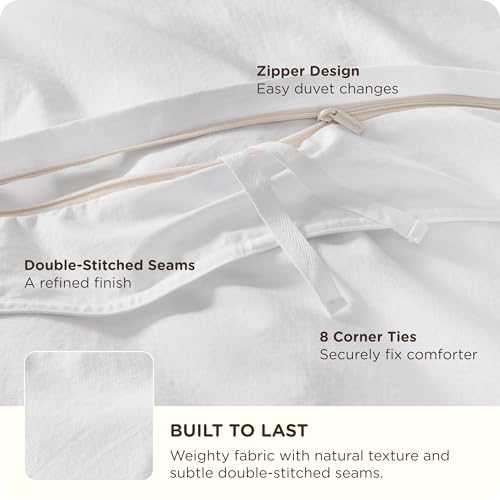 Image of Bedsure PureWoven 100% Cotton Slub Weave Duvet Cover Set, Full Set, 3-PC | Luxury Linen-Like Textured Bedding Set, Double-Stitched, Easy to Change with Zipper Closure, Slub Bright White, 80 inch x 90 inch