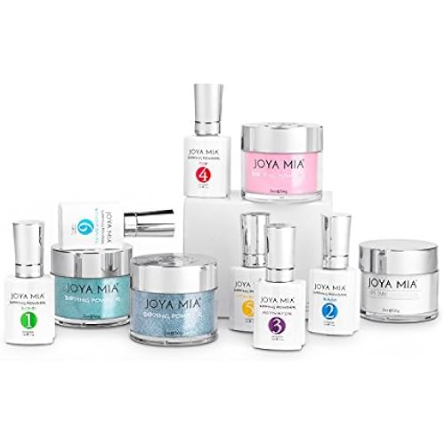 Joya Mia Complete Nail Dipping Powder Starter Kit with Powders, Top, Base, Vitamin Oil, and Brush Save (Pink, Blue Glitter, Aqua Glitter)