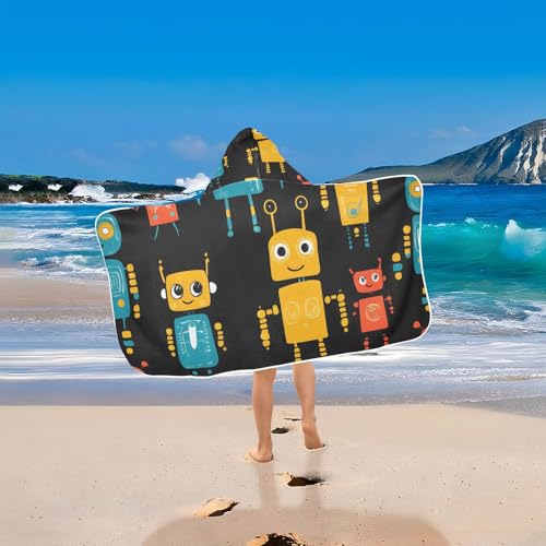 Image of Dark Background Robot Hooded Beach Towel for Kids, Kids Bath Hooded Towels for Boys Girls, Super Soft Absorbent Bathrobe with Hood for Swin Pool 50 inchx23.5 inch