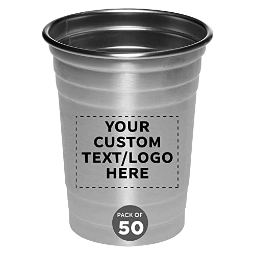 Custom Stainless Steel Beer Cups 16 oz. Set of 50, Personalized Bulk Pack - Perfect for Corporate Parties, Indoor & Outdoor Events - Silver