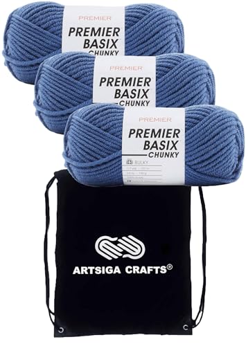 Premier Yarns Basix Chunky Knitting Yarn Denim 1145-34 (3-Pack) Same Dye Lot Chunky Bulky #5 Soft 100% Acrylic with Project Bag