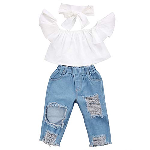 LXXIASHI Toddler Infant Baby Girl Ruffle Sleeves Crop Top + Hollow Out Jeans Pants Outfits Set (1-2 Years, Solid Ruffle - White)