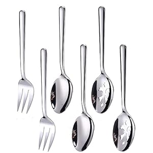 Serving Spoons*2 Slot Spoons* 2 Forks *2 Buffet Colander Stainless Steel Banquet Set, Set of 6. Lenght 9″ (6-spoon forks set)