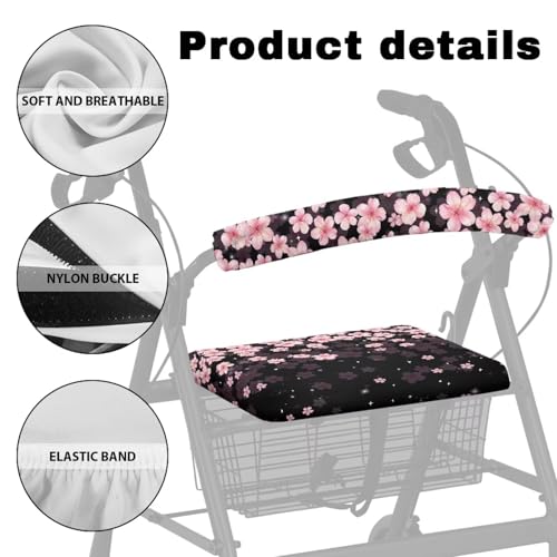 Image of Soft Walker Seat Covers, Cherry Blossom Universal Rollator Backrest and Seat Covers, Adjustable Accessories for Seniors Women Men