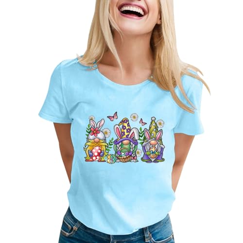 Geeignetes Hemd für Damen, Druck-Shirts, Rundhals-Kurzarm-T-Shirt, Tunika-Bluse Weiße Poloshirts Damen (Sky Blue, XXL)