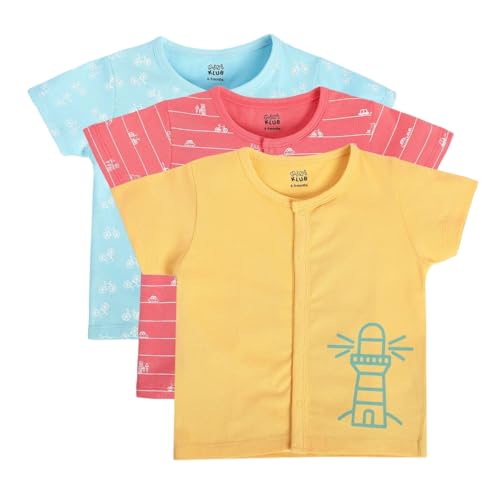Image of miniklub Baby Round Neck Knitted Cotton Printed Front Open Vest, Pack of 3 (Multi Color)