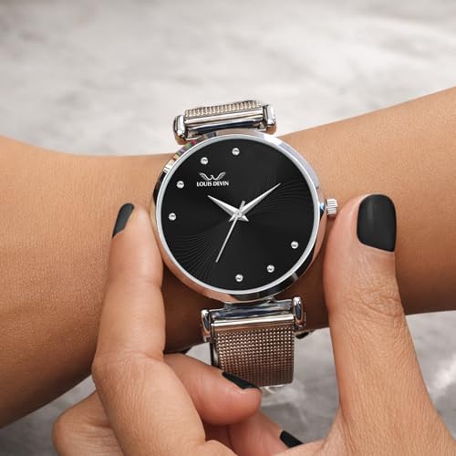 Image of LOUIS DEVIN Mesh-Type Stainless Steel Chain Analog Wrist Watch for Women (Black /Blue /Pink /Green Dial) | LD-L504-CH