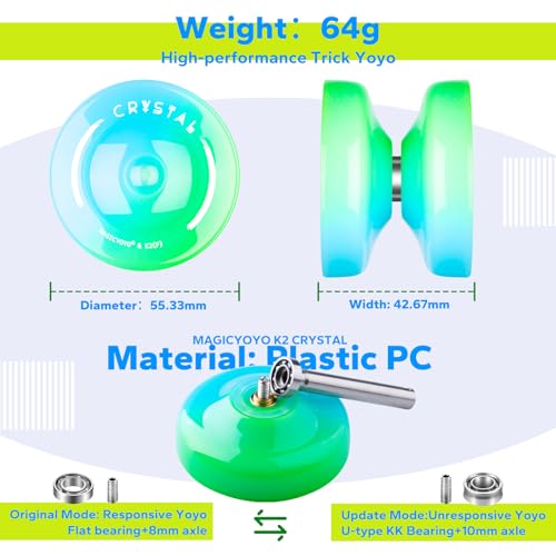 Image of MAGICYOYO K2 Professional Yoyo with Finger Spin Function, Responsive Yoyo for Kids 8-12, Dual Purpose Trick Yo yos for Adults with KK Bearing, Yo-yo Strings, Yo yo Glove & Bearing Kit (Blue Green)