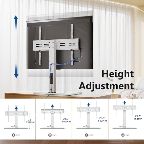 Image of FITUEYES Universal TV Stand with Power Outlets for 50-85 inch TVs, Swivel&Height Adjustable Tall TV Stand for Bedroom Living Room, 27.5''Large Tempered Glass Base Holds up to 110 lbs, Ivory White