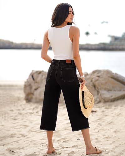 luvamia Capris Jeans for Women Wide Leg High Waisted Trendy Raw Hem Patch Pocket Cropped Stretchy Denim Capri Pants4