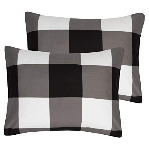 7 Piece Comforter Set Bag Solid Color All Season Soft Down Alternative Blanket & Luxurious Microfiber Bed Sheets, Queen, Buffalo Plaid Black/White