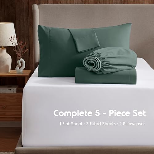 Image of Nestl Split King Bed Sheet Set - Forest Green - 5-Piece Deep Pocket | Instantly Soft, Night-One Ready (No Wash Required). Fits 16-Inch Deep Pockets, 360-Degree Elastic Grip