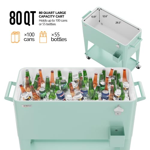 Bonnlo Glacière à roulettes 76 L Frigo de Jardin ou Camping avec Bouchon de Décapsuler l'Ouvre-Bouteille et l'Attrappe-Capsule Chariot Frigorifique pour Patio Jardin Terrasse Vert Menthe