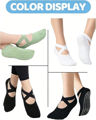 Image of AURUZA Pilates Grip Socks for Women Non Slip Skid Yoga Socks with Grips Straps for Ballet Dance Workout Gripper Sock