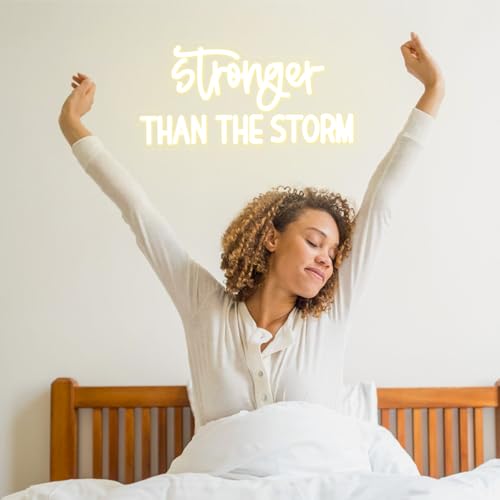 Image of Stronger Than the Storm Neon Sign Dimmable Neon Signs for Wall Decor Inspirational LED Signs Warm White USB Light Up Sign for Bedroom Living Room Home Decoration