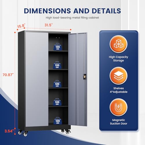 Image of Yizosh Metal Garage Storage Cabinet with Locking Doors and Adjustable Shelves,- 75 inch Rolling Steel Tool Cabinet for Home Office,Garage,Warehouse