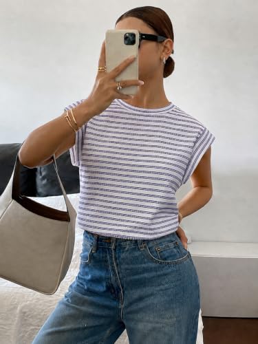 Image of Jawdrobe Women's Striped Western Top Round Neck Cap Sleeve T-Shirt for Women