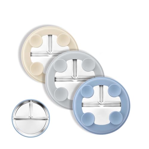 Image of Bakpoco Stainless Steel Suction Plates for Toddlers, 8" Divided Kids Baby Plates with Removable Silicone Suction, Non Toxic Non Slip Portion Control Snack Dishes 3 Packs, Blue Gray Beige