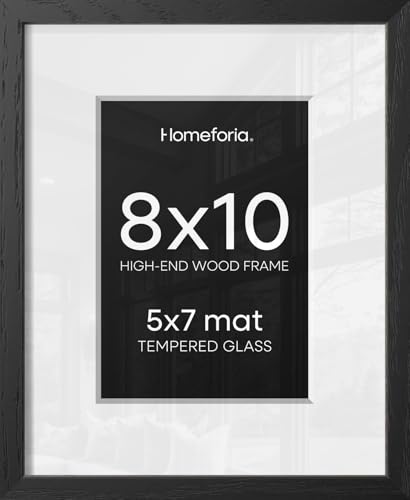 Image of Homeforia 8x10 Black Oak Picture Frame, High-End Wood, 5x7 Mat, Glass | High End Solid Oak Wood, Tempered Glass, Acid-Free 5x7 Removable Mat, 8x10 Edge-to-Edge Display 10x8, Wall Kit, Set Of 3