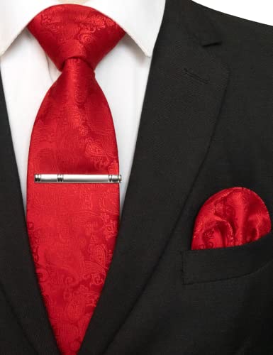 Image of JEMYGINS Mens Solid Color Paisley Necktie and Pocket Square with Tie Clip Sets