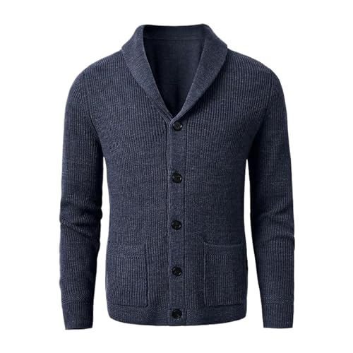 WOLONG Men's Shawl Collar Cardigan Sweater Slim Fit Cable Knit Button Up Black Merino Wool Sweater