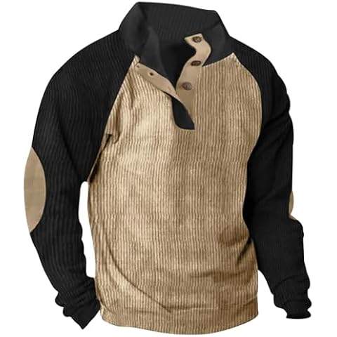 DOLKFU men's graphic sweatshirts crewneck Men's Sweatshirts Stand Collar 1/4 Button Pullover Hoodies Long Sleeve Loose Sweatshirt With Elbow Patches Khaki XXL Cover