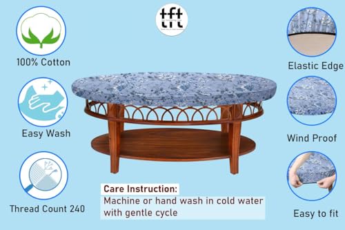 Image of The Furnishing Tree Elastic Cotton Oval Center Table Cover 14x24 in Inches Floral White Rose on Blue Base