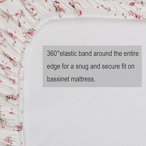 Image of Onacosht Muslin Bassinet Sheets 3 Pack for Baby Girl, Pink and Floral | Skin-friendly, 100% Cotton Bassinet Fitted Sheets, 33 inch X 17 inch, Universal Size for Standard Oval & Rectangle Bassinet Mattress