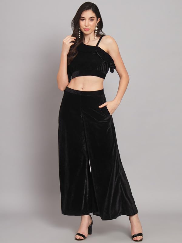 Image of Vaararo Velvet Co-Ords for Women | One Sleeve Crop Top with Palazzo Set Casual Party Dress