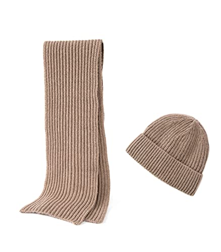 2PCS Merino Wool Knit Beanie Scarf Set for Men & Women, Winter Soft Warm Long Scarves with Wool Beanie Hat
