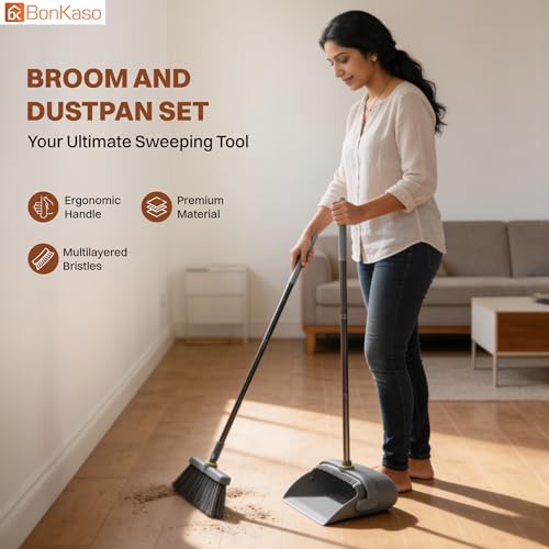 Image of BonKaso Broom and Dustpan Set with Long Handle, Upright Standing Floor Broom and Jhadu with Self Cleaning Comb, Rubber Lip and Multilayer Bristles, Foldable Space Saving Indoor Cleaning Set