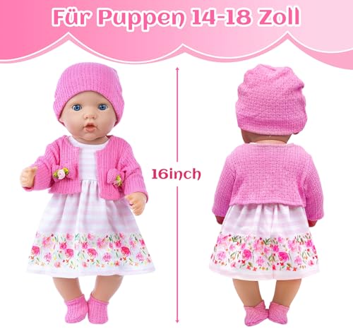 WanderGo Baby Puppen Puppenkleidung 35-43 cm, 6-teiliges Outfit mit Rosa Strickjacke + Rock mit Blumenmuster + Socken + Mützen + 2 Kleiderbügel, Babypuppe Kleidung für 14-18 Zoll Puppen(Ohne Puppe)