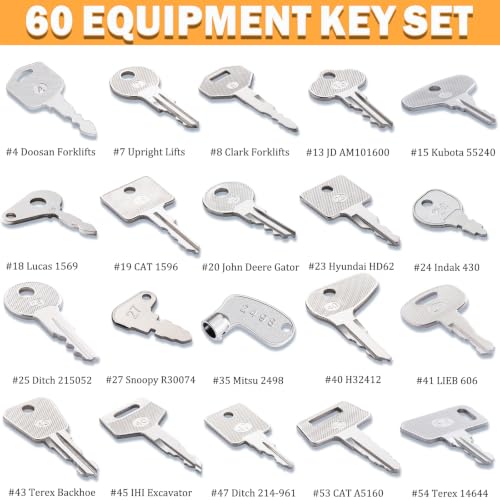 Image of 60 Construction Equipment Machinery Keys Heavy Equipment Master Keys Set | For CAT Caterpillar John Deere JCB Hyster Komatsu Kubota Takeuchi Volvo Yanmar Hitachi Construction Machine Operator