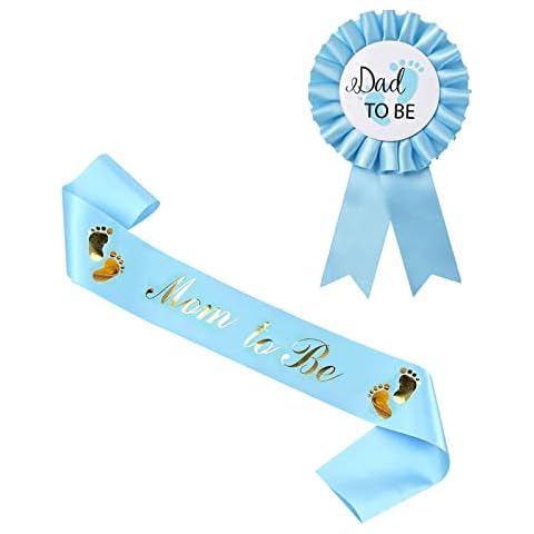 2 Packs Baby Shower Decorations Blue Mom to be Sash and Dad to Be Tinplate Badge Baby Welcome Party Gifts Cover