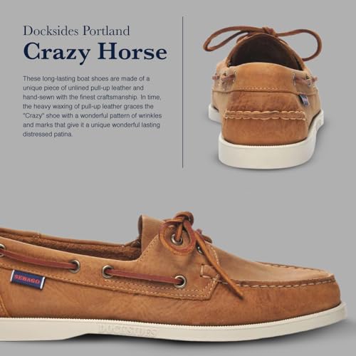 Sebago Portland Crazy H Boat Shoes - Patterned & Distressed Waxed Leather Mocassins with Leather Sock Lining and Non-Marking, Non-Slip Rubber Outsoles, Brown Tan - 9.5 Regular4
